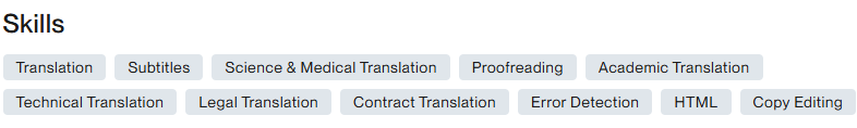 Luz Acosta's listed skillset on her Upwork profile. 