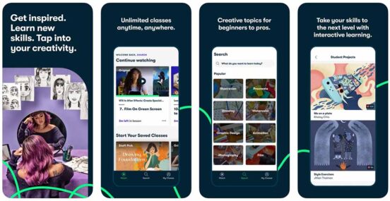 Four phone-shaped images displaying benefits of using the Skillshare app