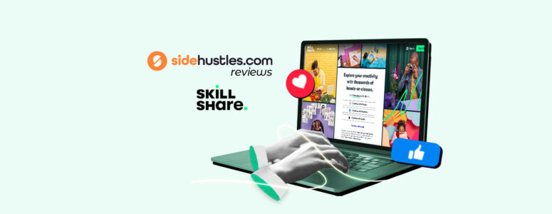 Two hands typing on a laptop that is opened to the homepage of the Skillshare website