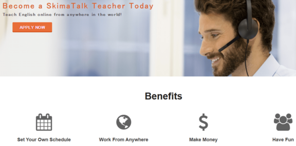 SkimaTalk ESL website signup page for English teachers showing the benefits of teaching for SkimaTalk