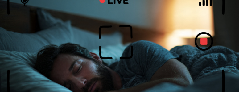 A man sleeping in a dimly lit bedroom, seen through a digital camera interface overlay with a red "LIVE" indicator and recording icons.