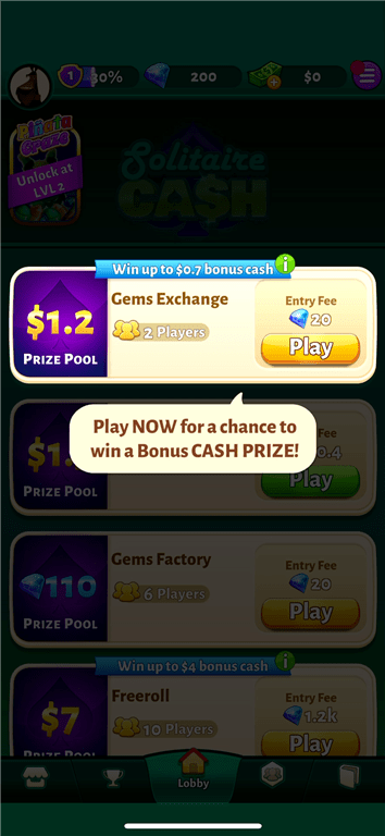 The Gems Exchange game on the Solitaire Cash card game app.