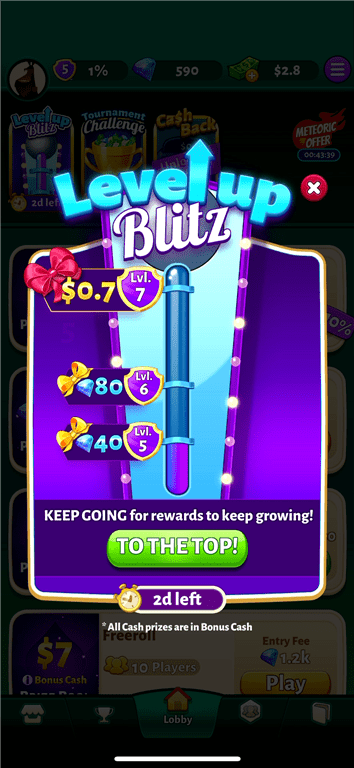 The Level Up Blitz activity on the Solitaire Cash card game app.