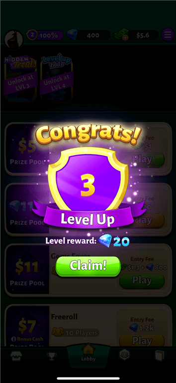 Level Up achievements in the Solitaire Cash card game app.