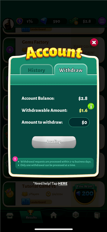 Potential withdrawals on the Solitaire Cash card game app.