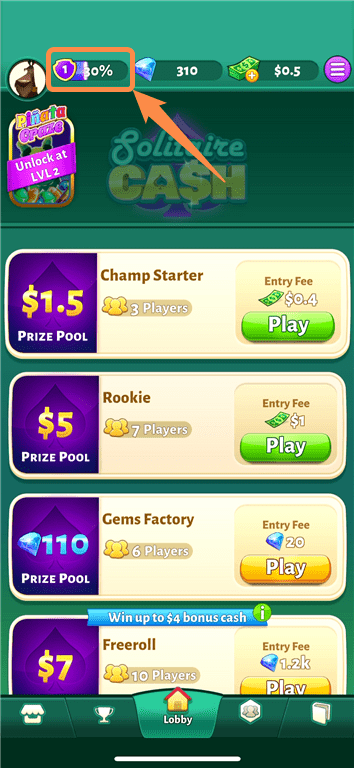 The XP progress meter on the Solitaire Cash card game app.