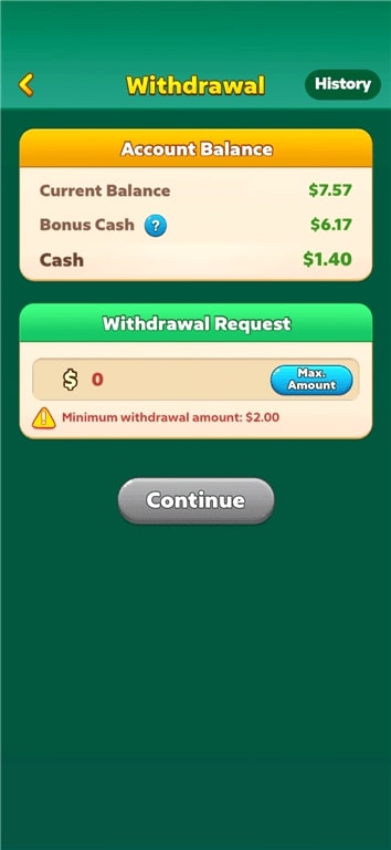 Attempting to withdraw cash from the Solitaire Clash app.