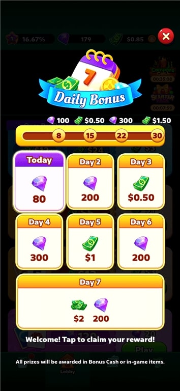 Viewing Daily Bonus rewards on Solitaire Clash.