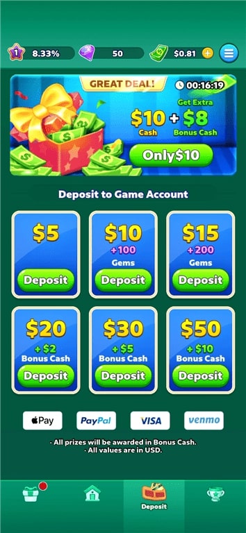 Deposit denominations for Solitaire Clash payments.