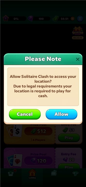 Location request required to play cash games on the Solitaire Clash gaming app.