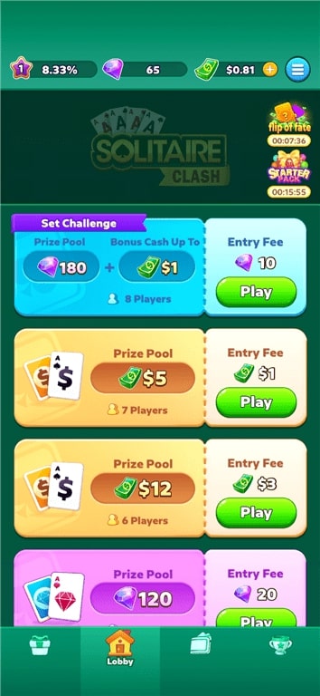 Entry fees and prizes in the Solitaire Clash gaming app.