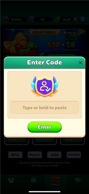 Page for entering promo codes in the Solitaire Clash gaming app.