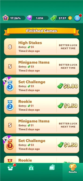 Results of Solitaire Clash cash tournaments we entered.