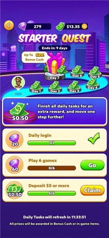 Starter Quest task offering free rewards on the Solitaire Clash gaming app.