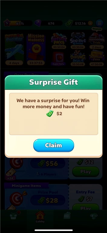 Surprise gift of $2 from the Solitaire Clash gaming app.