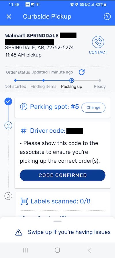 The curbside pickup screen in the Spark app.