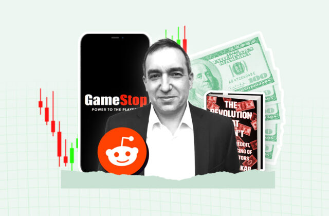 Author picture of Spencer Jakab next to his book and related graphics, including the Reddit and GameStop logos.