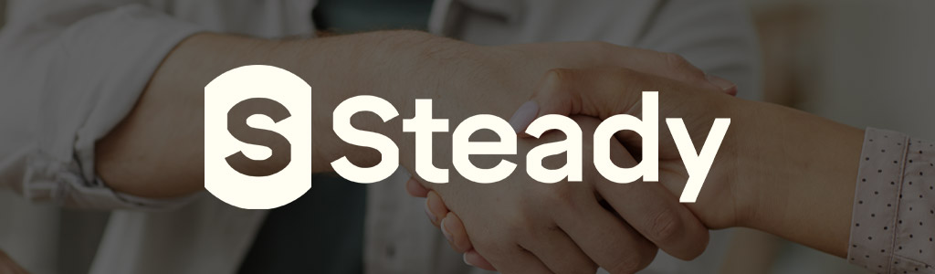 Steady logo against a darkened background showing two people shaking hands