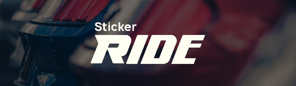 StickerRide logo against a darkened background showing a wrapped car