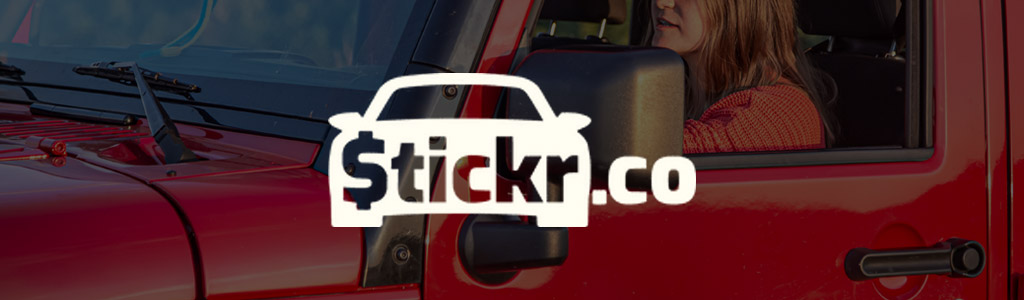 Stickr.co logo against a darkened background showing woman in a red car