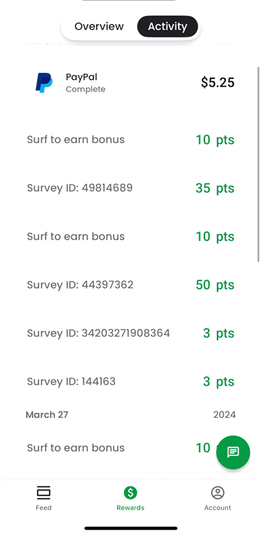 Survey Junkie activity history showing rewards earned.