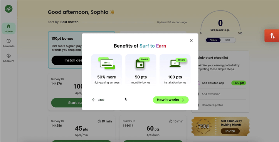 Screenshot showing Survey Junkie’s Surf to Earn benefits.