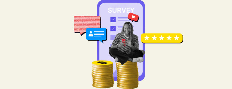 Woman sitting on a pile of coins next to a large phone representing her side hustle of taking surveys for money