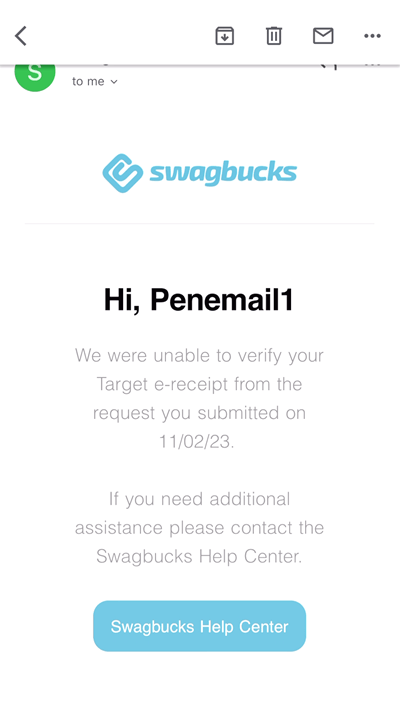 Swagbucks email about failed Magic Receipt verification