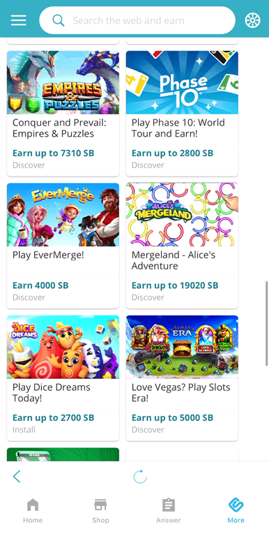 Viewing the selection of games on Swagbucks.