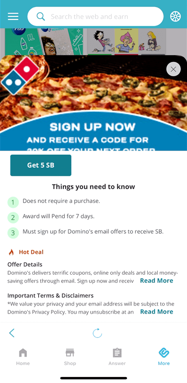 Domino’s offer available on the Swagbucks Discover page.
