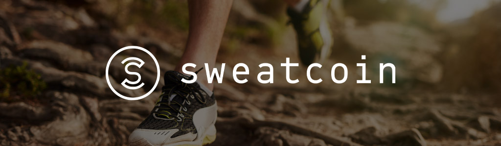 Sweatcoin logo against a background showing a close view of someone's legs as they go walking on a trail