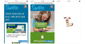 Screenshots of the Swifto mobile app showing the benefits of becoming a Swifto dog walker