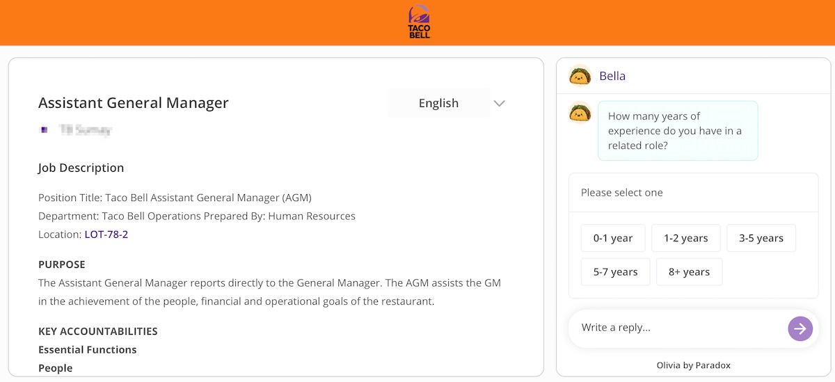 Screenshot of Taco Bell's Paradox bot, Bella.