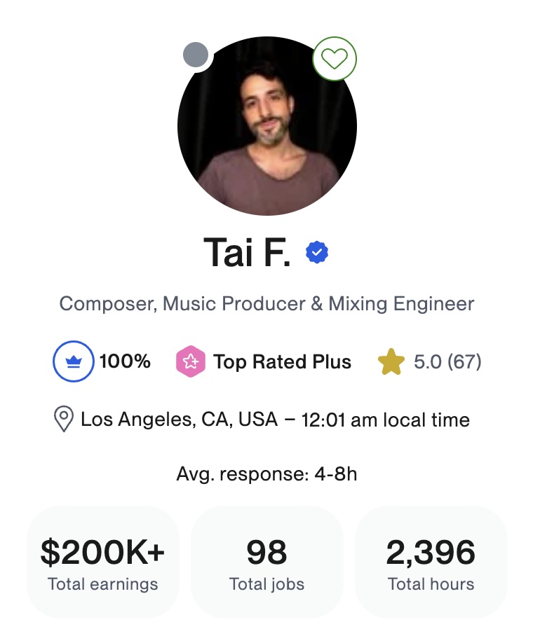 Screenshot of Tai Fronzaroli's Upwork profile.