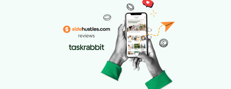 Two hands holding a smartphone displaying available jobs in the TaskRabbit app