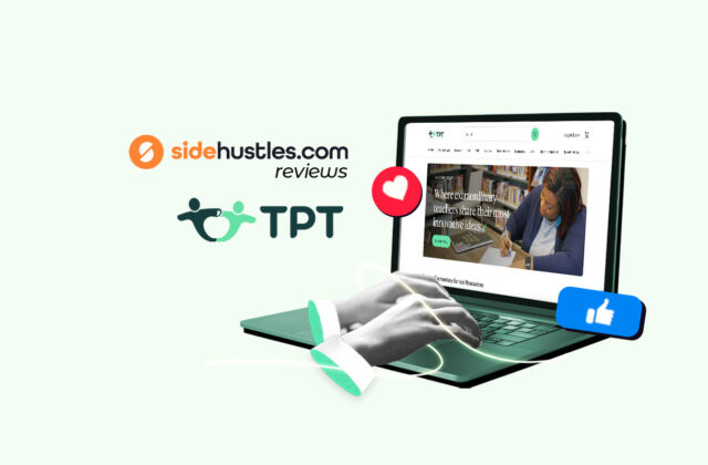 Hands of a TPT seller typing on a laptop displaying the Teachers Pay Teachers homepage