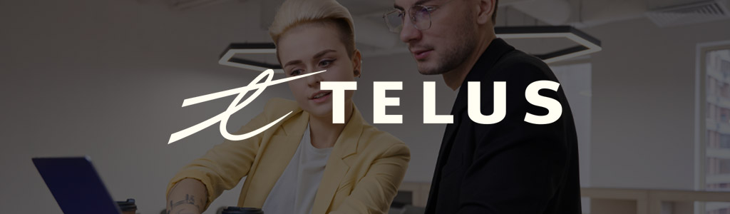 TELUS logo against a darkened background showing two people looking at a laptop