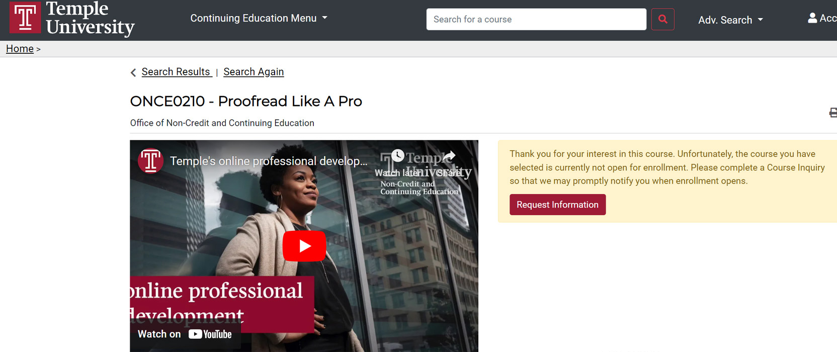 Screenshot of the Temple University proofreading course page
