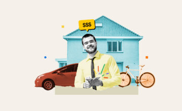 Man standing in front of his house, car, bicycle, and other things to rent out