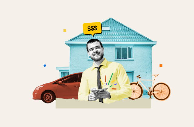 Man standing in front of his house, car, bicycle, and other things to rent out
