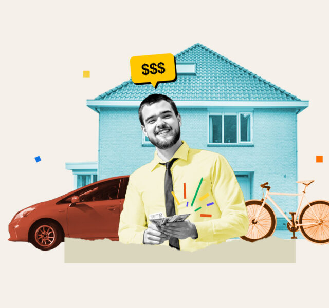 Man standing in front of his house, car, bicycle, and other things to rent out