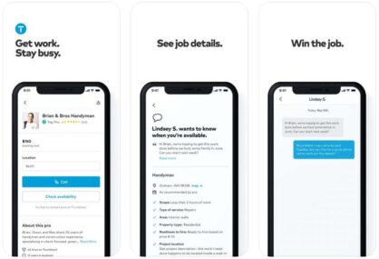 Three smartphone screens displaying the text "Get work. Stay busy," "See job details," and "Win the job"