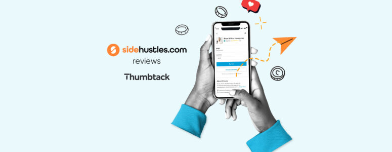 Two hands holding a smartphone displaying a professional profile in the Thumbtack app