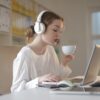 Transcriptionist listening to audio she's transcribing.