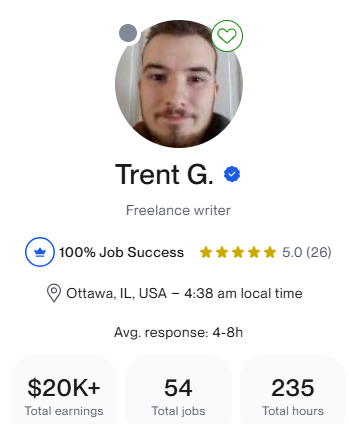 Screenshot of freelance writer Trent Gander's Upwork profile.