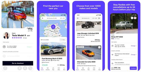 Mobile app screenshots displaying the benefits of using the Turo app