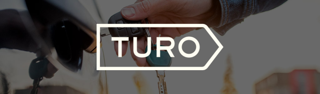 Turo logo against a background of someone inserting a car key into a car door