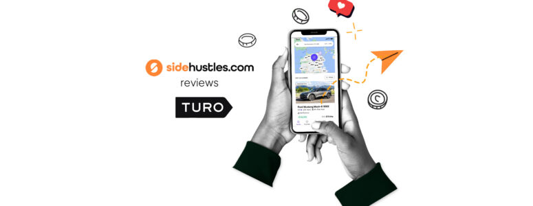 Two hands holding a smartphone displaying the interface of the Turo app