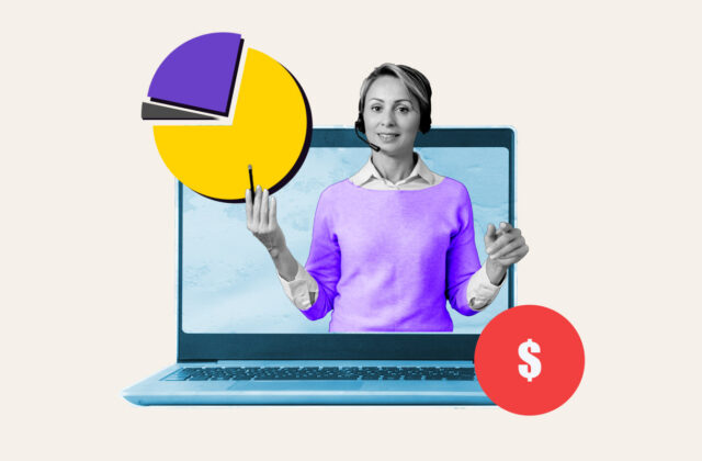 Freelance tutor popping out of a laptop screen next to a dollar symbol