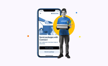 Uber Connect driver holding a package and standing in front of a smartphone showing the Uber app.